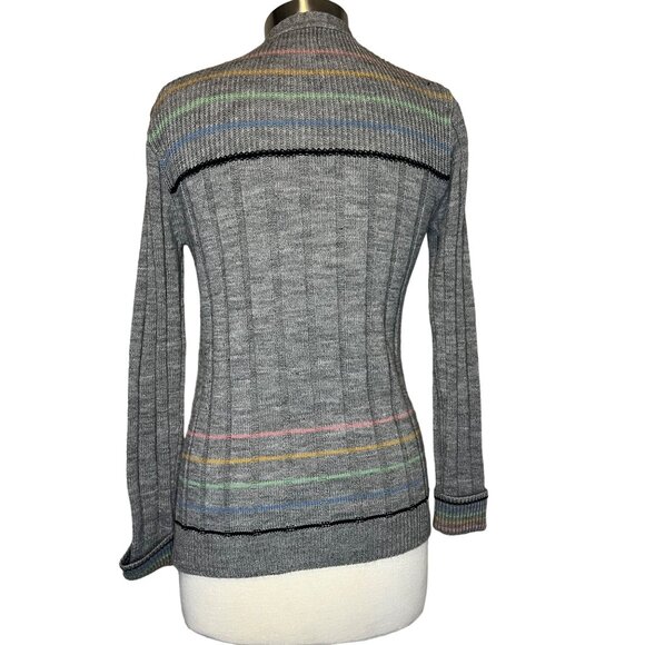 Kenny Classics VTG Women Cardigan Size 14 Long Sleeve Button Grey stripes pocket - Picture 2 of 8